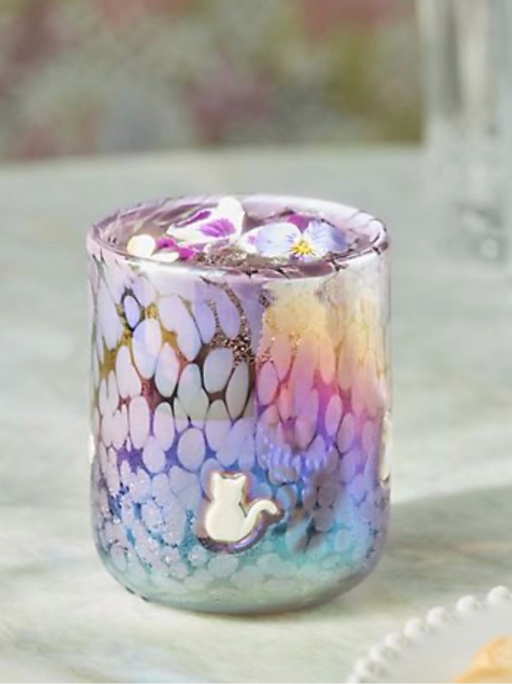 Anthropologie Iridescent Multicolor Icon Glass Tumbler with Cat Accent